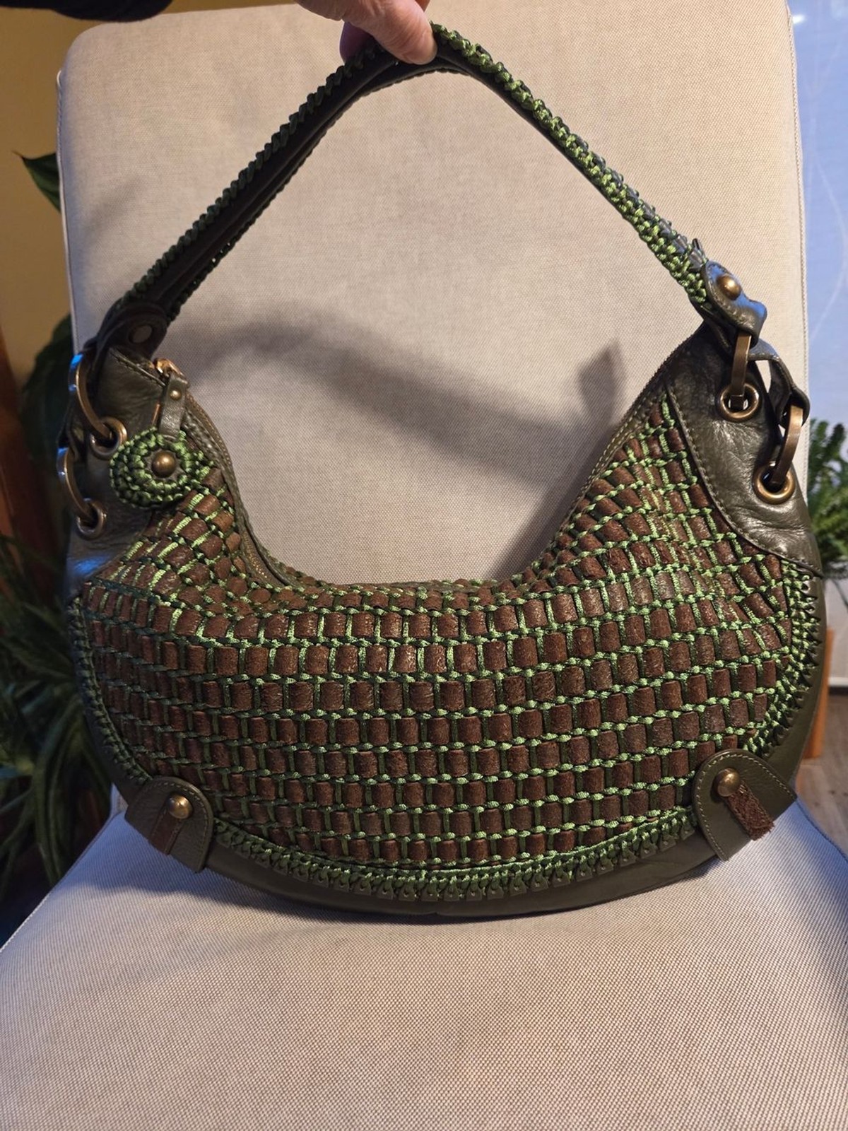 VTG Isabella Fiore Woven Leather Hobo Bag Green Brown Y2K Boho Earthy EUC