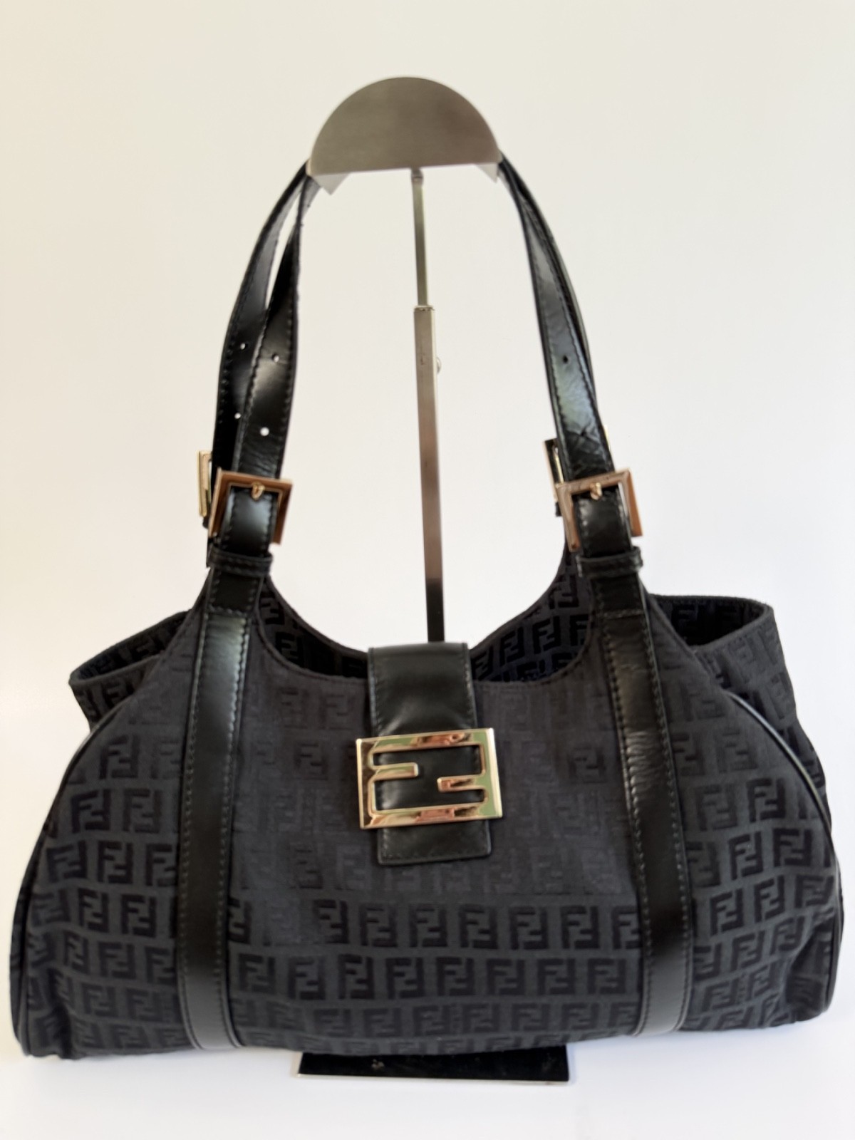 Fendi Mamma Bucket Black Canvas Leather Tote Top Double Handle Bag