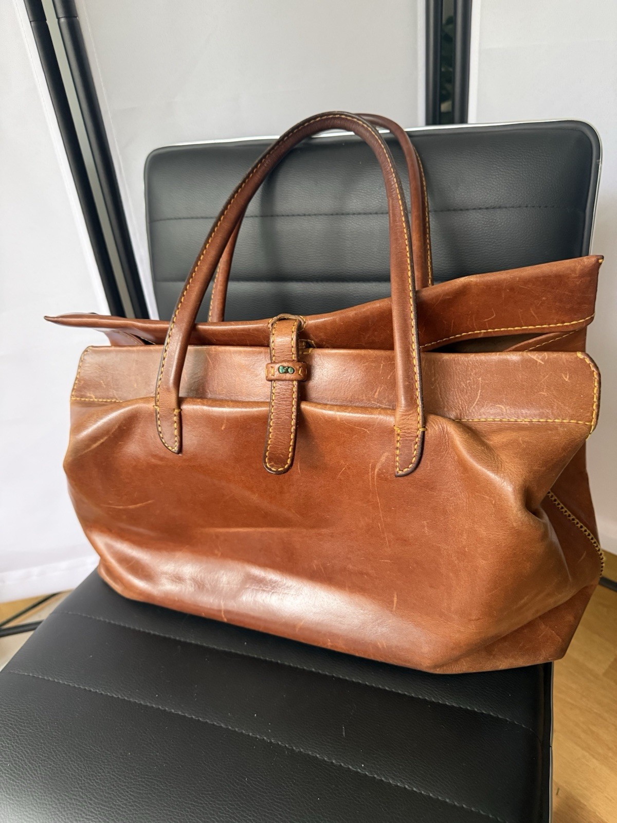 Henry Cuir Leather Tote Bag Self-Standing Brown Handmade Authentic