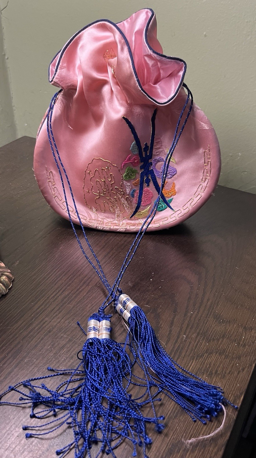 Vintage Pink Satin With Symbol Korean Drawstring Bag W Tassels Preowned B53