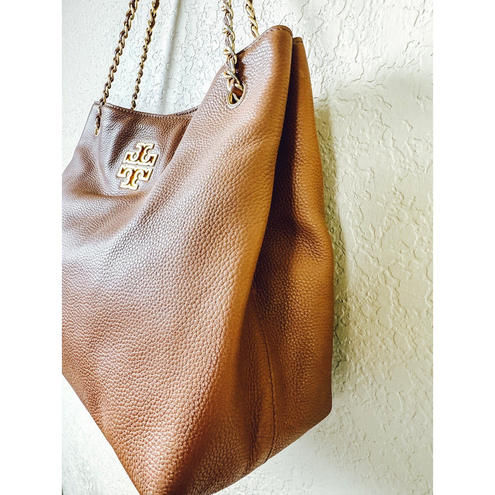 Tory Burch Amanda Large Tote Pebbled Leather Chain Shoulder Bag Camel Tan