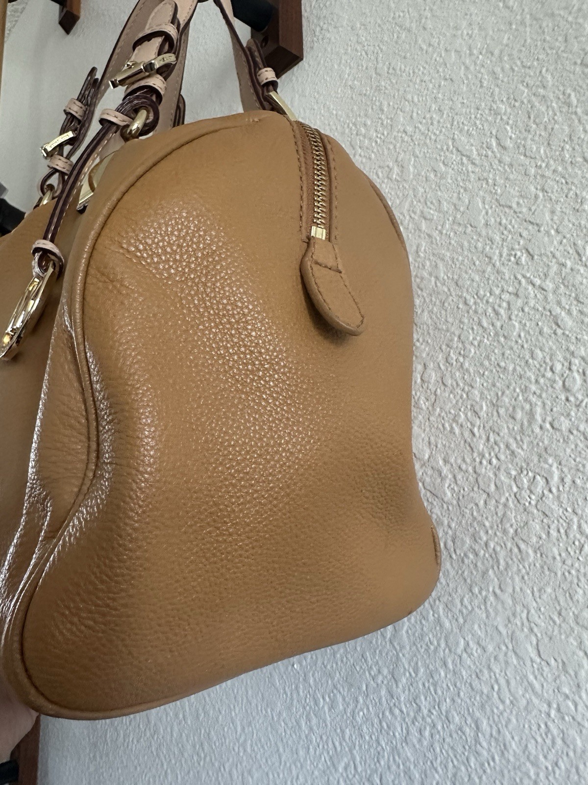 Michael Kors Grayson Pebbled Leather Satchel Bag Brown Gold Pyramid Studs Bowler