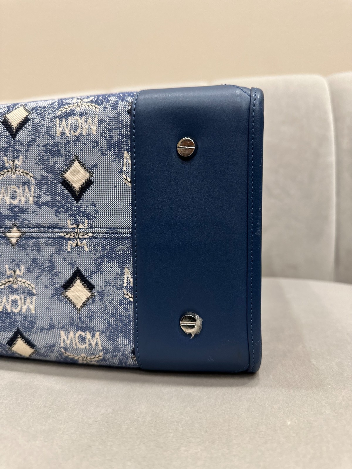 MCM Women Vintage Jacquard Tote Bag Blue Large size