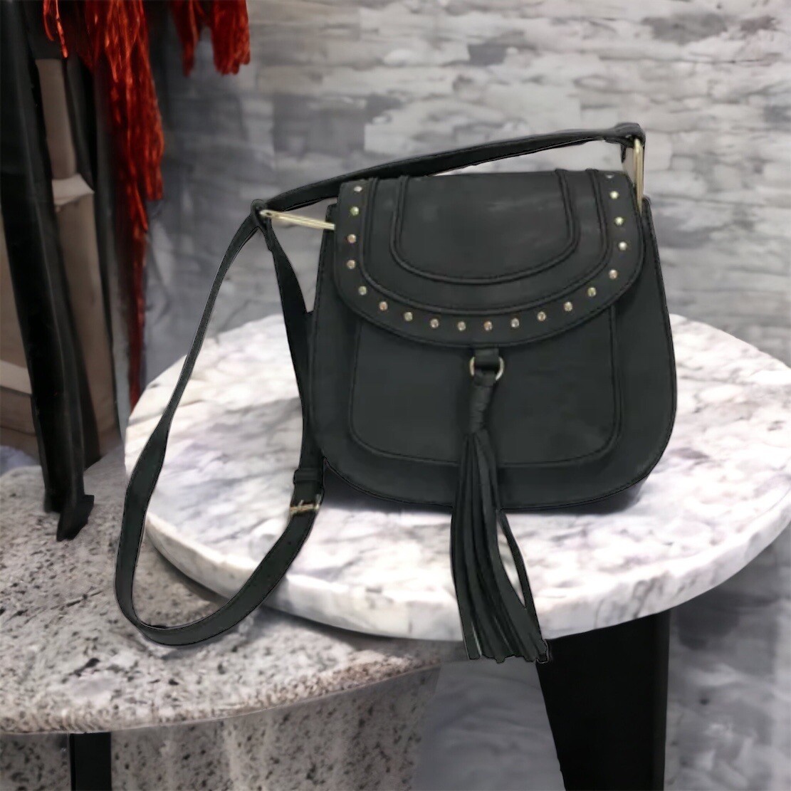 Franco Sarto Purse Gray Tassel Shoulder Back Cross body Gold Studs Pockets Snaps