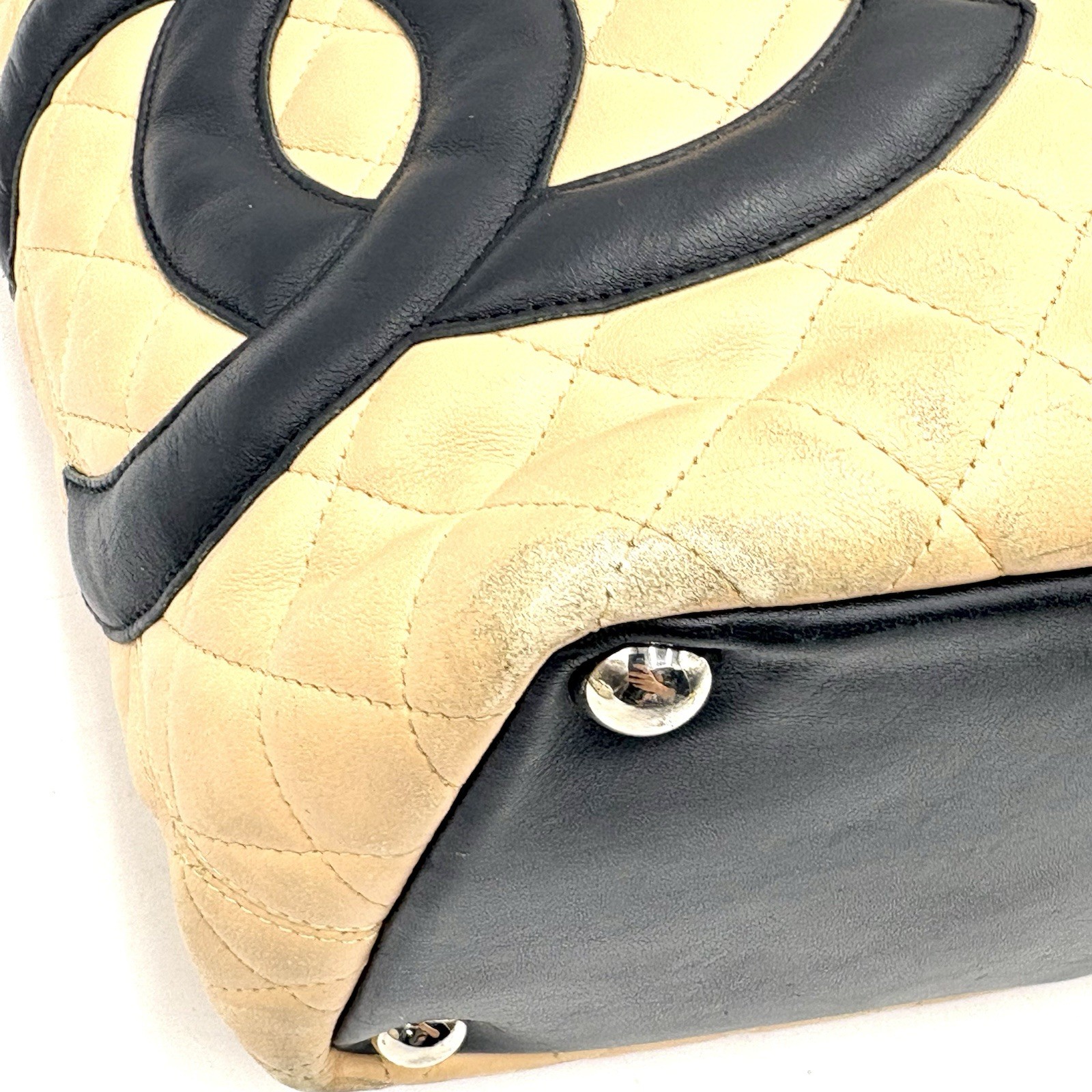 Auth CHANEL Cambon Line Large Tote Bag Beige Black Serial Sticker 2Y8885