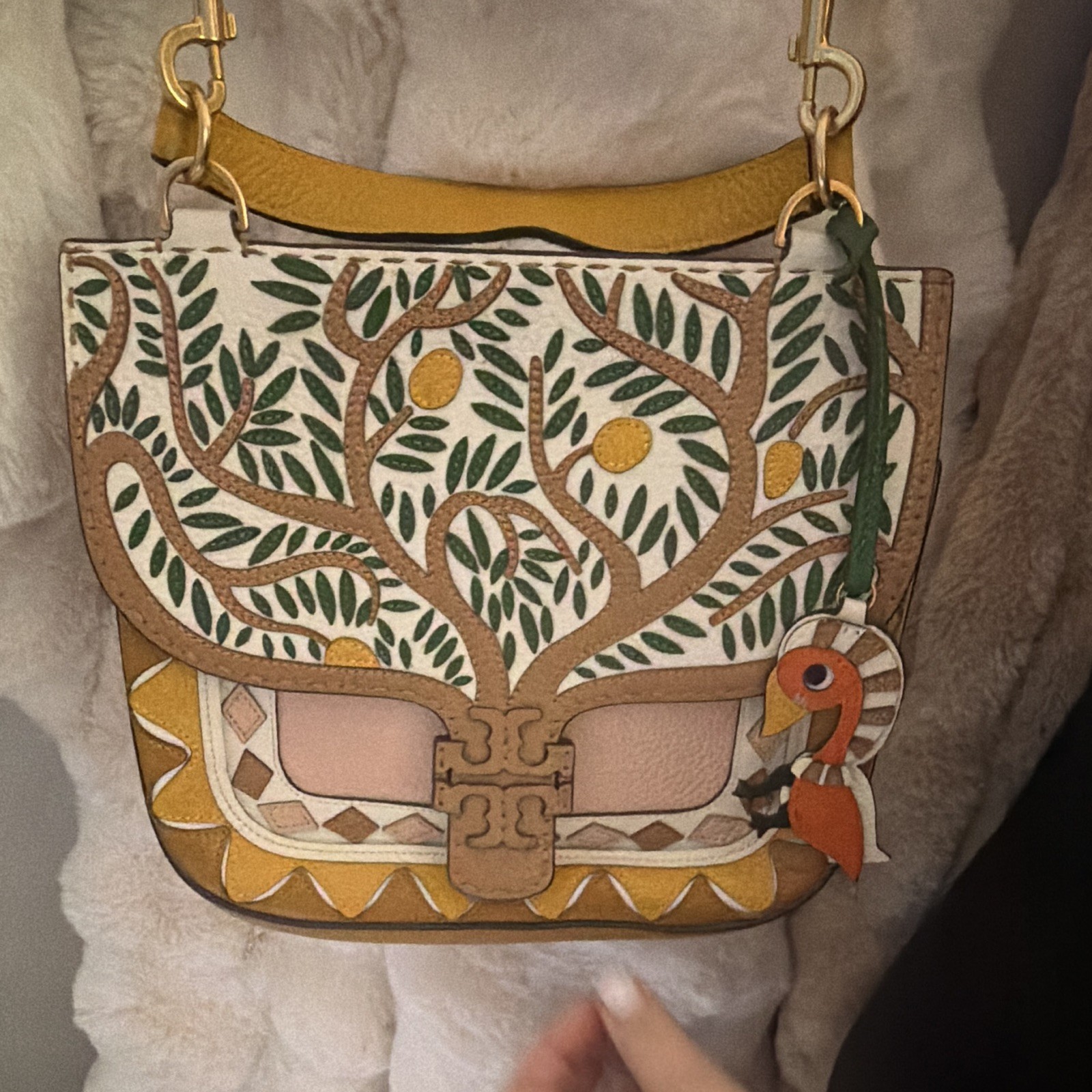 Tory Burch Floral Multicolor Small Crossbody Bag Bird Charm Magnetic Gold