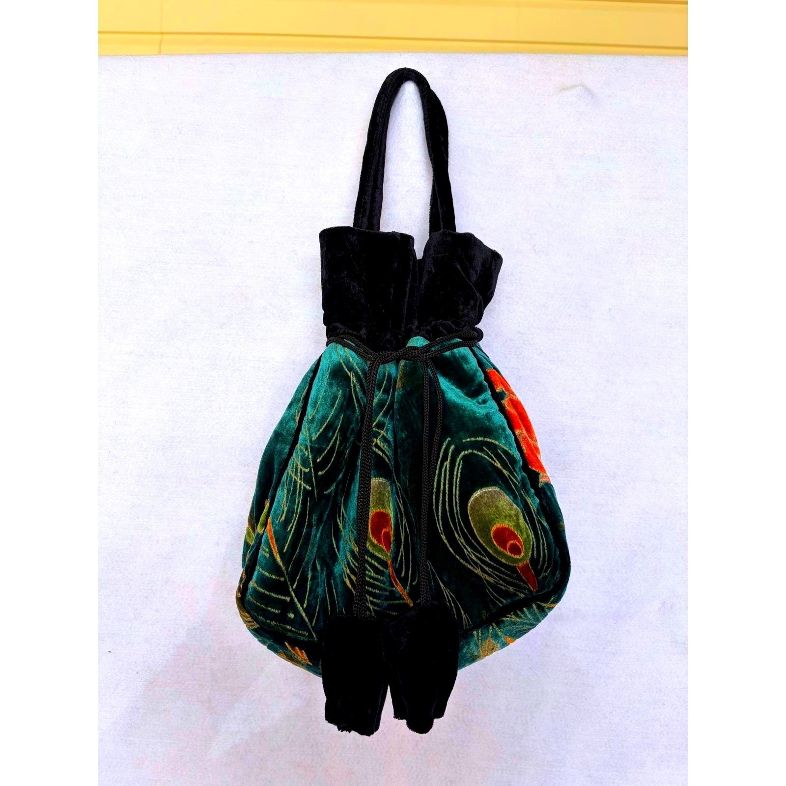 J&X NY Velvet Peacock Feather Drawstring Pouch Handbag Green Artsy Whimsygoth