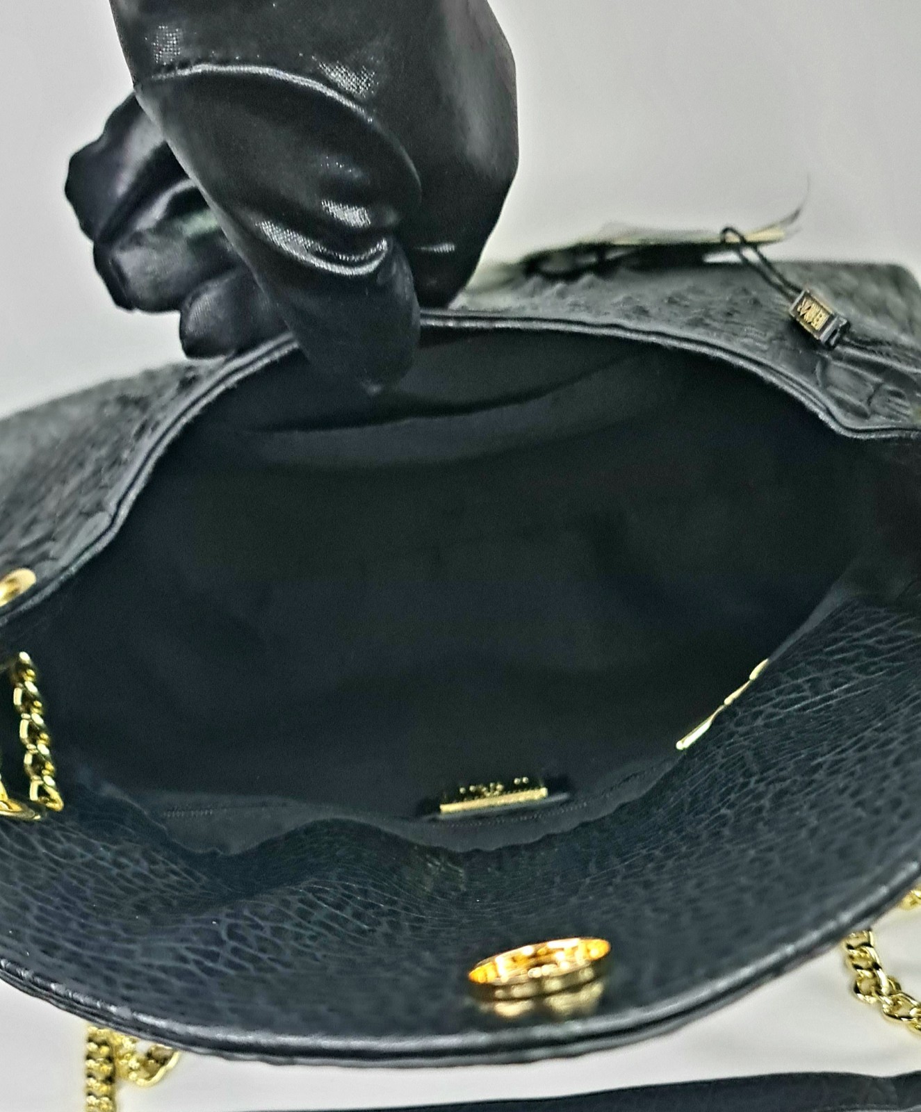 Black Croc Embossed Chain Shoulder Bag Gold 2 Way Crossbody Envelope Elegant