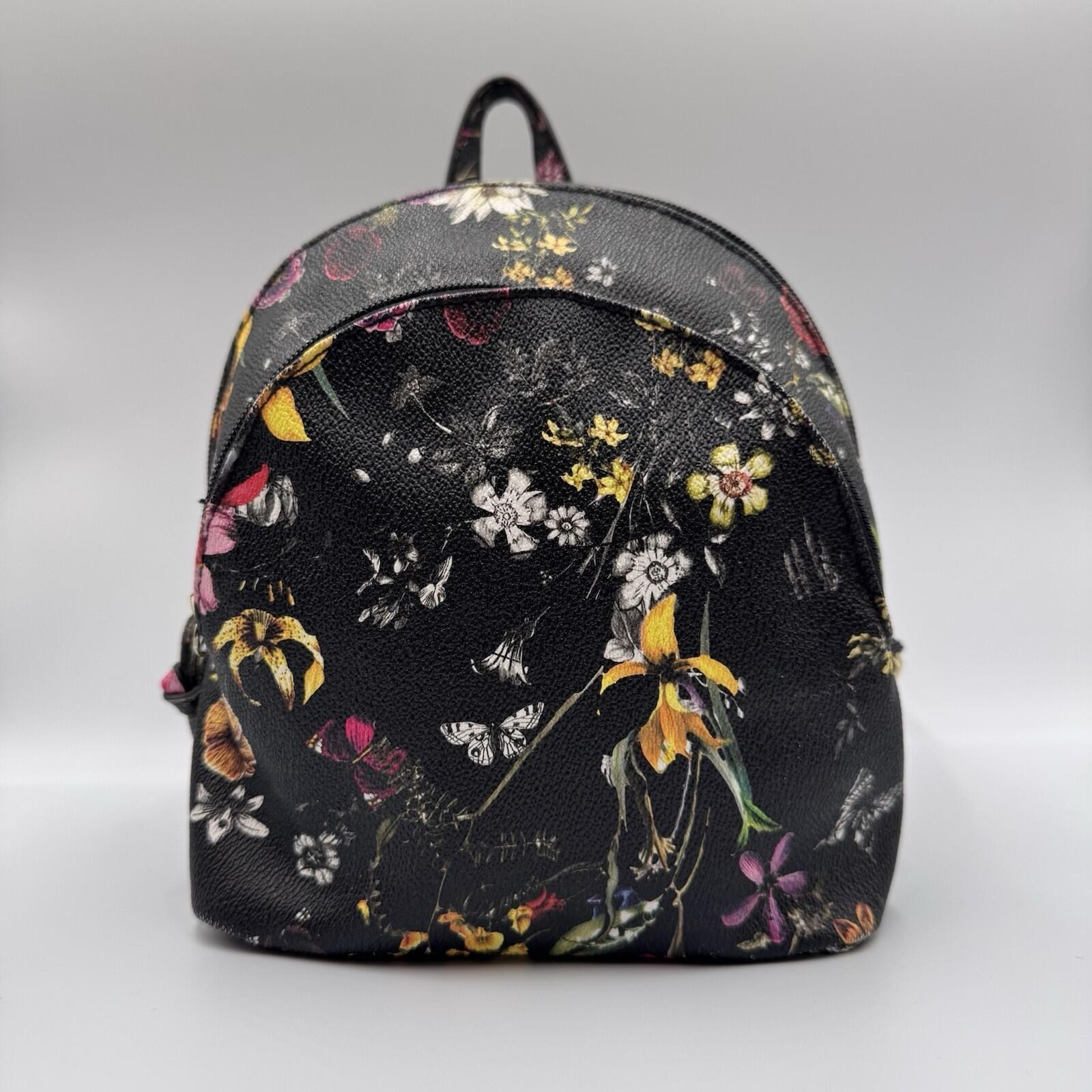 Mini Backpack Purse Floral Black with Double Zipper Accents and Inner Pocket