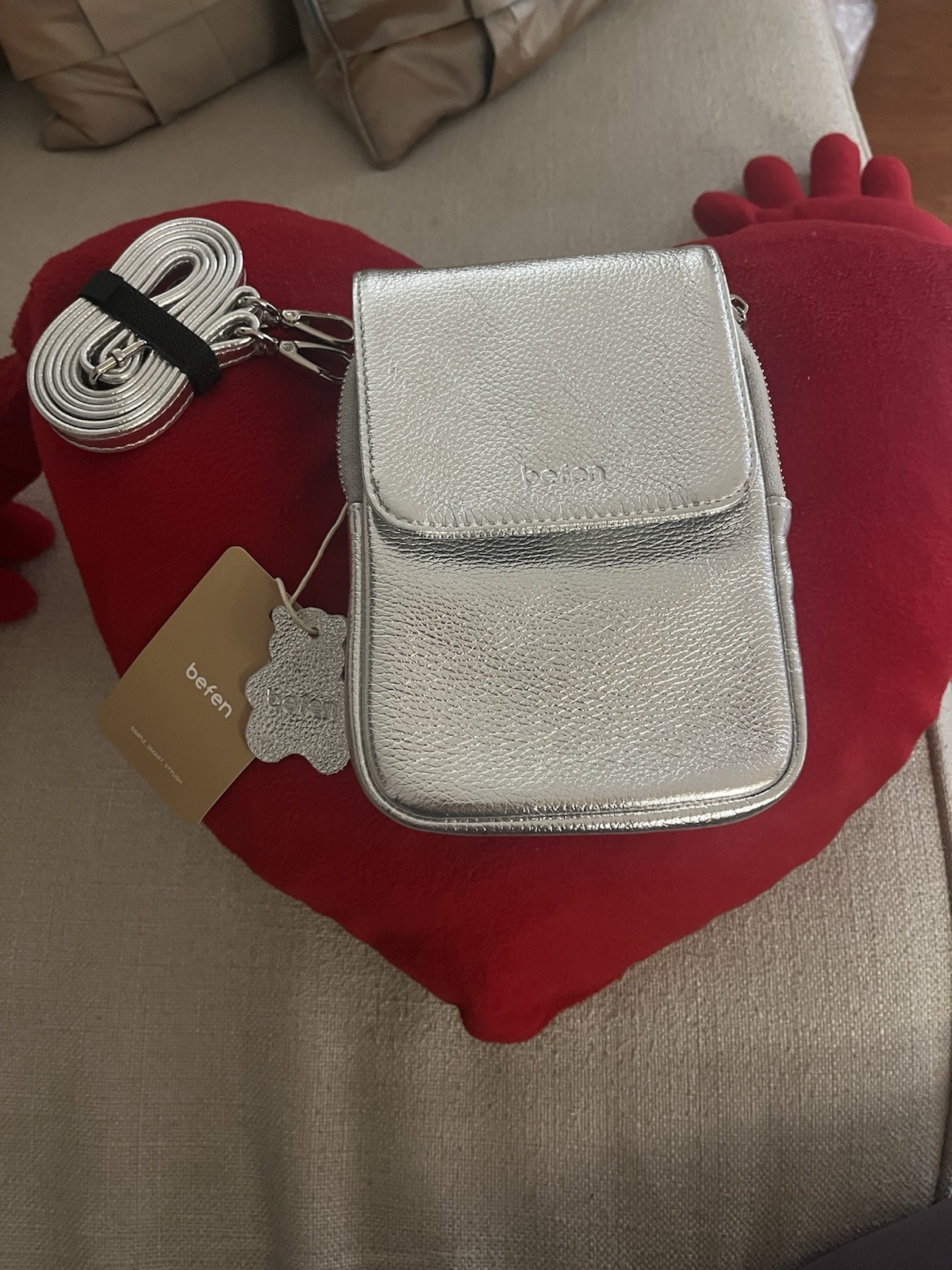 Designer Purse Befen Pebbled Leather Silver Crossbody Bag & Detachable Strap NWT