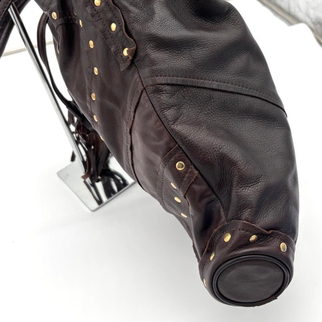 BULGA Leather Drawstring Shoulder Bag Fringe Studded Dark Brown Used Authentic