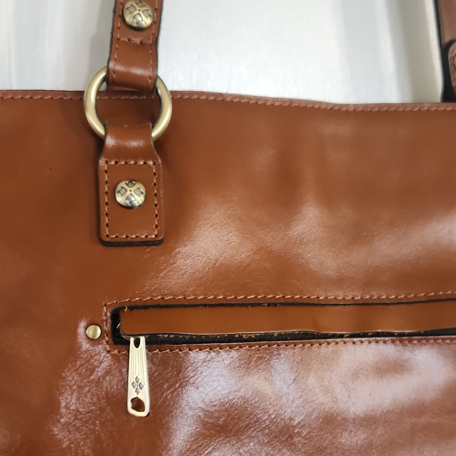 Patricia Nash Alessano Tan Leather Tote Bag Shoulder Purse Cognac Zip Top