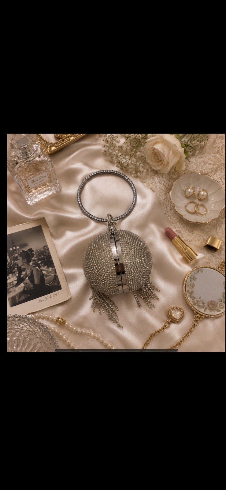 New Silver Rhinestone Sphere Clutch Evening Bag w/ Crystal Ring Handle & Fringe