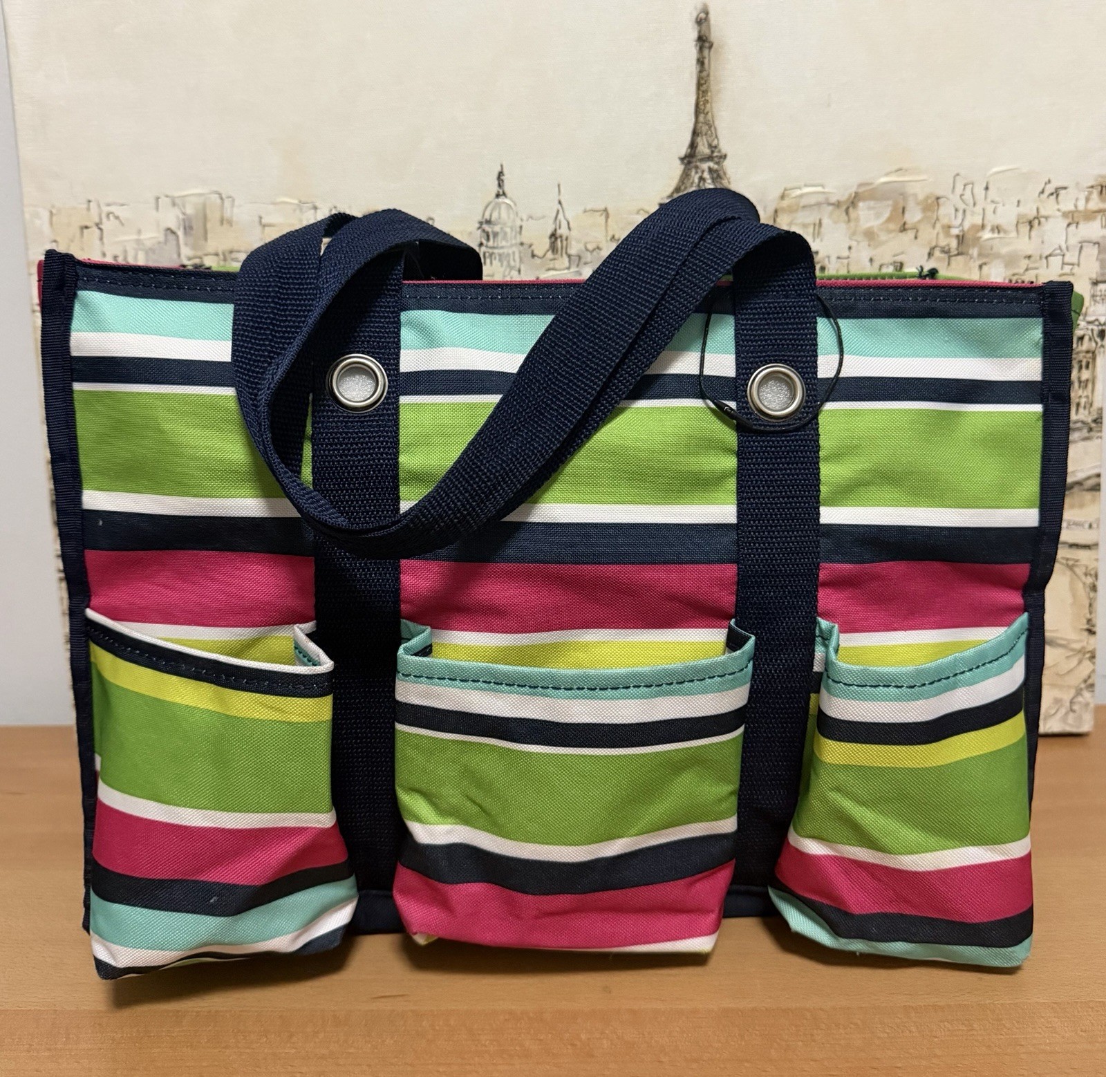 Thirty One Zip Top Organizing Utility Tote in Preppy Pop Stripes Colorful. New.