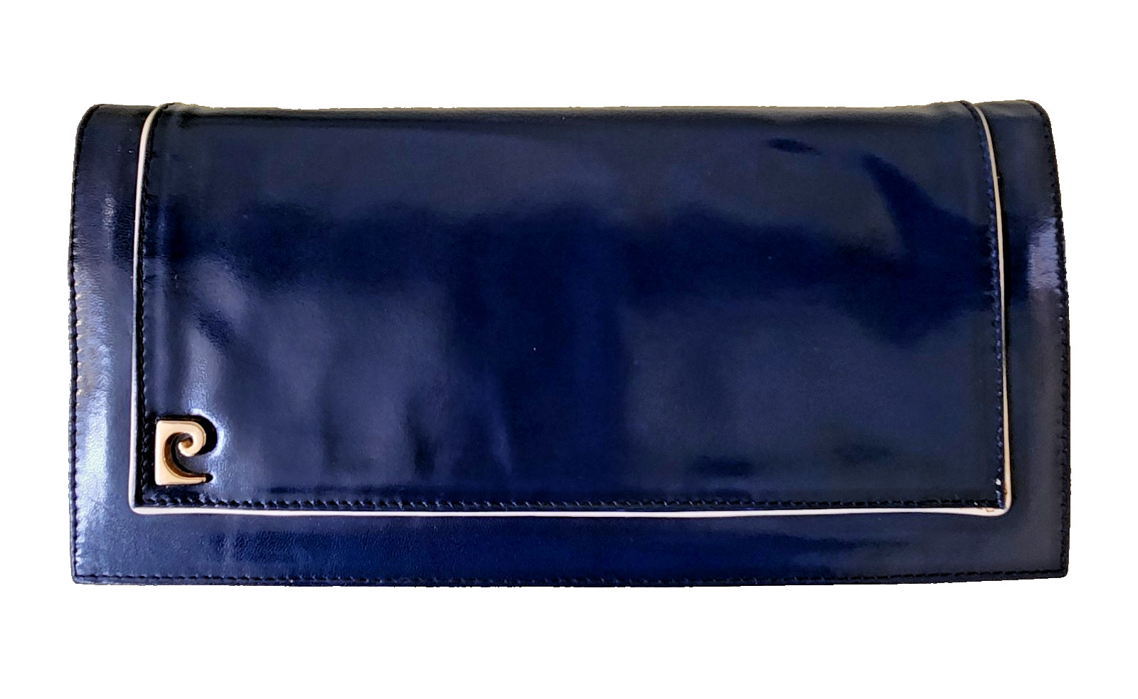 VTG Pierre Cardin Paris Navy Leather Envelope Clutch Gold Logo Made in Italy 70s