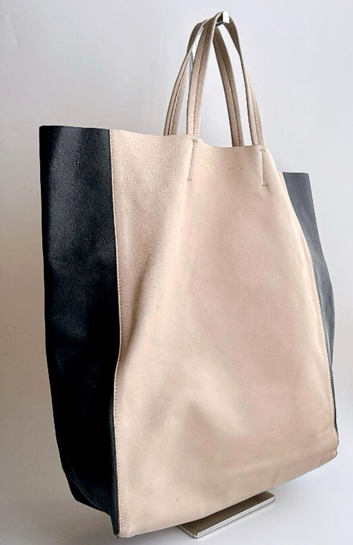 CELINE Horizontal Cabas Tote Bag Beige Black Bicolor Leather Women w/Dust Bag