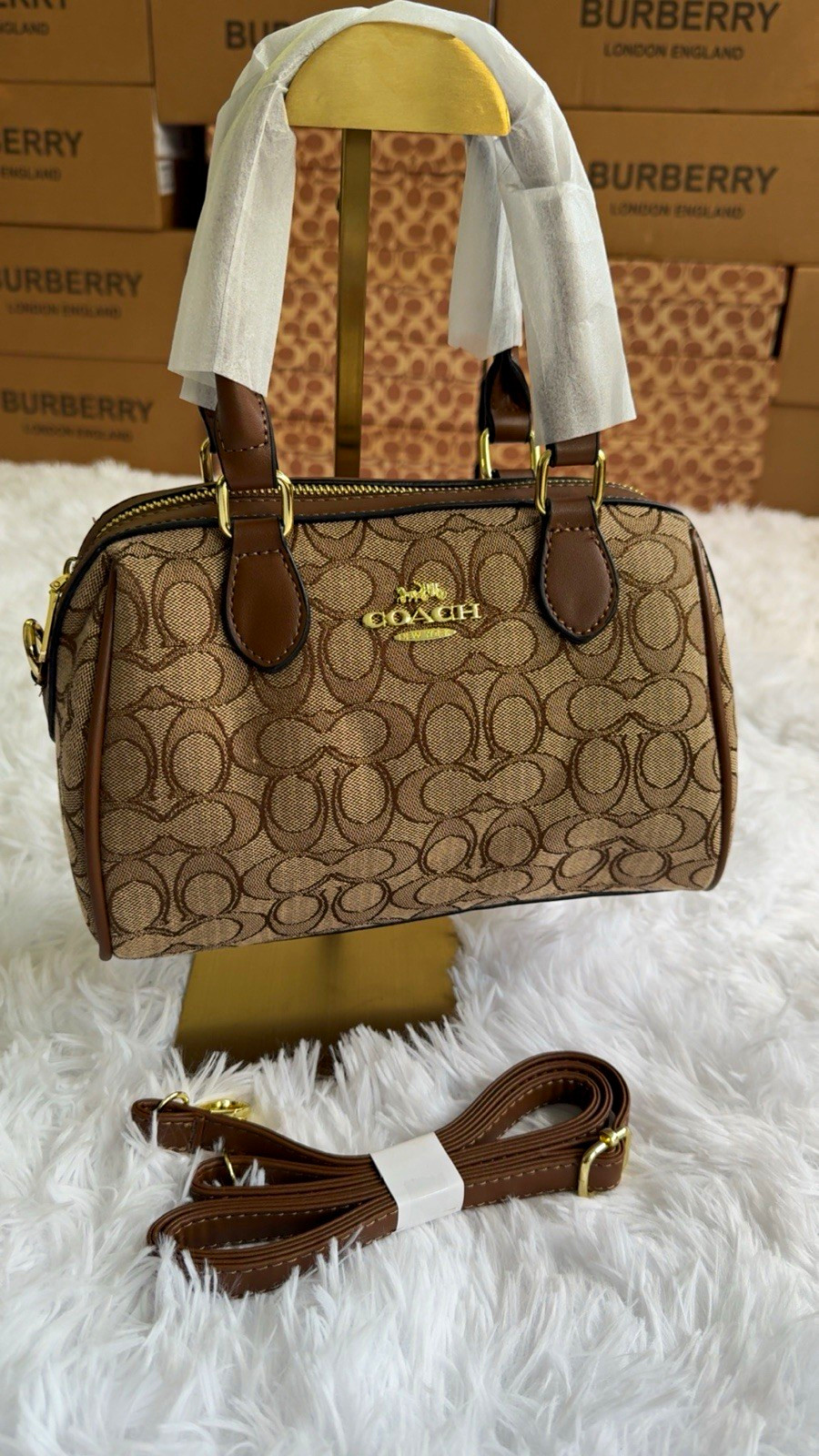 Coach Brown/Tan Signature Monogram Satchel Zip, Detachable Strap