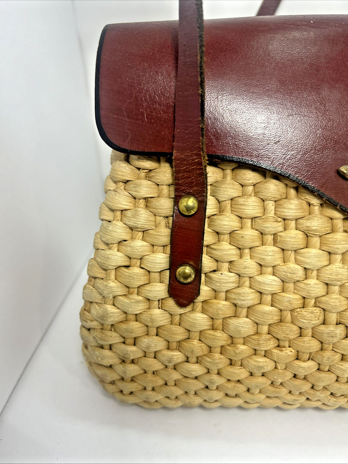 Vintage Handbag Woven Straw Rattan Leather Satchel 60s70s Cottagecore