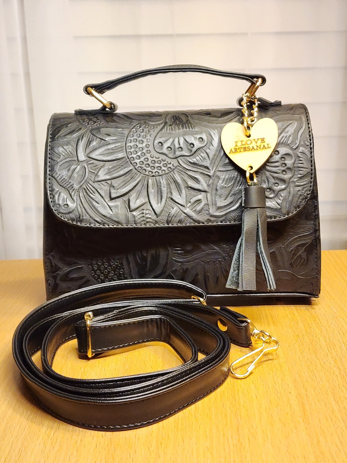 Black Sunflowers Embossed Tooled Artisan Leather Crossbody Handbag Purse