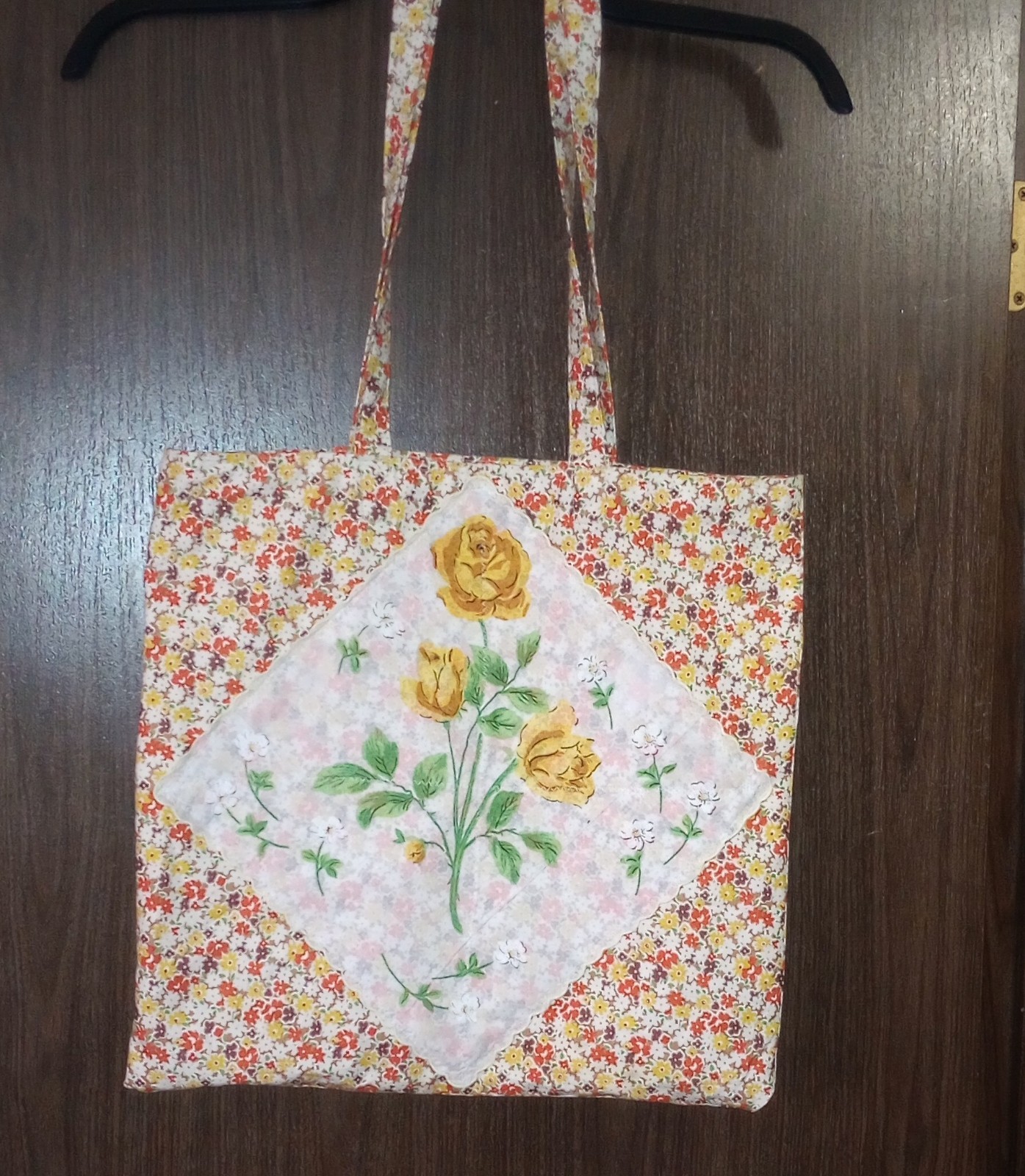 Yellow Roses Vintage Hankie Tote Handmade, Lined, Double Straps, Retro Style