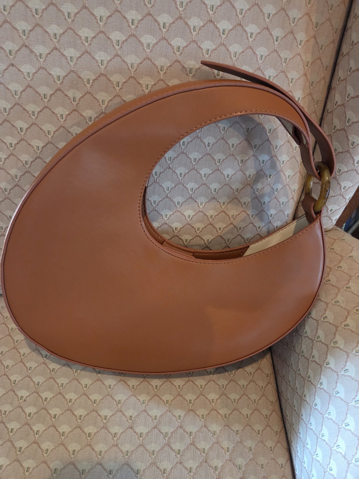 Moon Bag Caramel Color Vegan Leather Cresent Shaped Curved Top Handle Unique