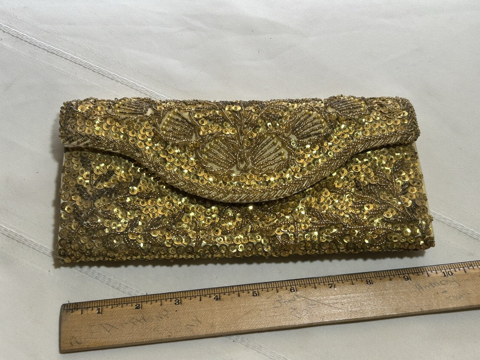 Gold Sequin Beaded Small Rectangle Clutch Snap Closure w/ Inner Pockets