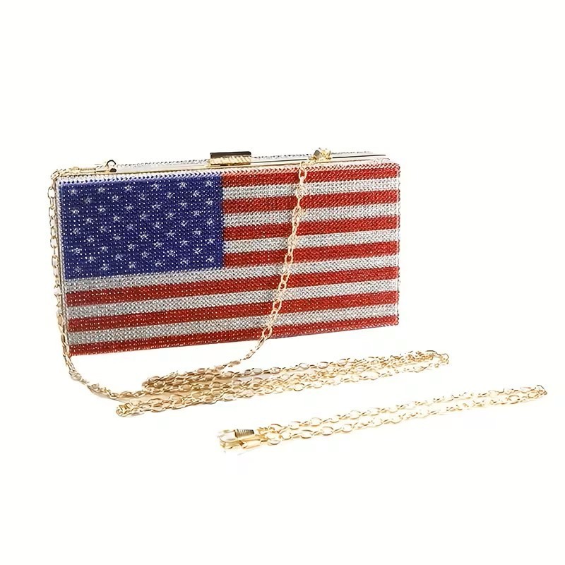 American Flag Rhinestone Evening Clutch Purse Crossbody Patriotic USA Handbag