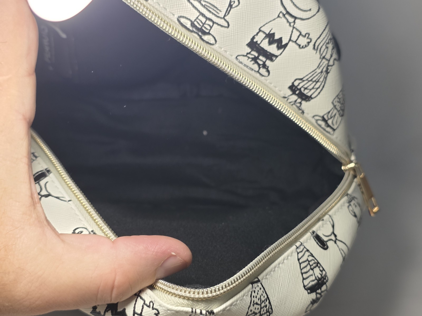 Bioworld Peanuts Gang Full Cast Mini Backpack White w/ Black Cartoon Drawings
