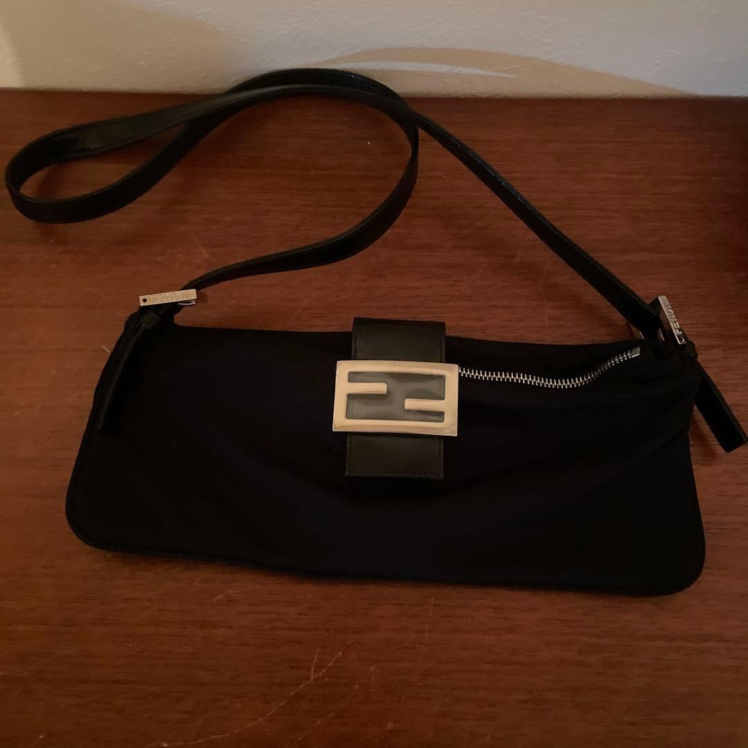 FENDI Mamma Baguette Shoulder Bag Black Cotton Jersey Leather FF Logo Women’s