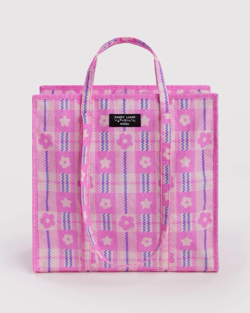 Sandy Liang x BAGGU Market Bag Plaid Pink Large Zip Tote Bag