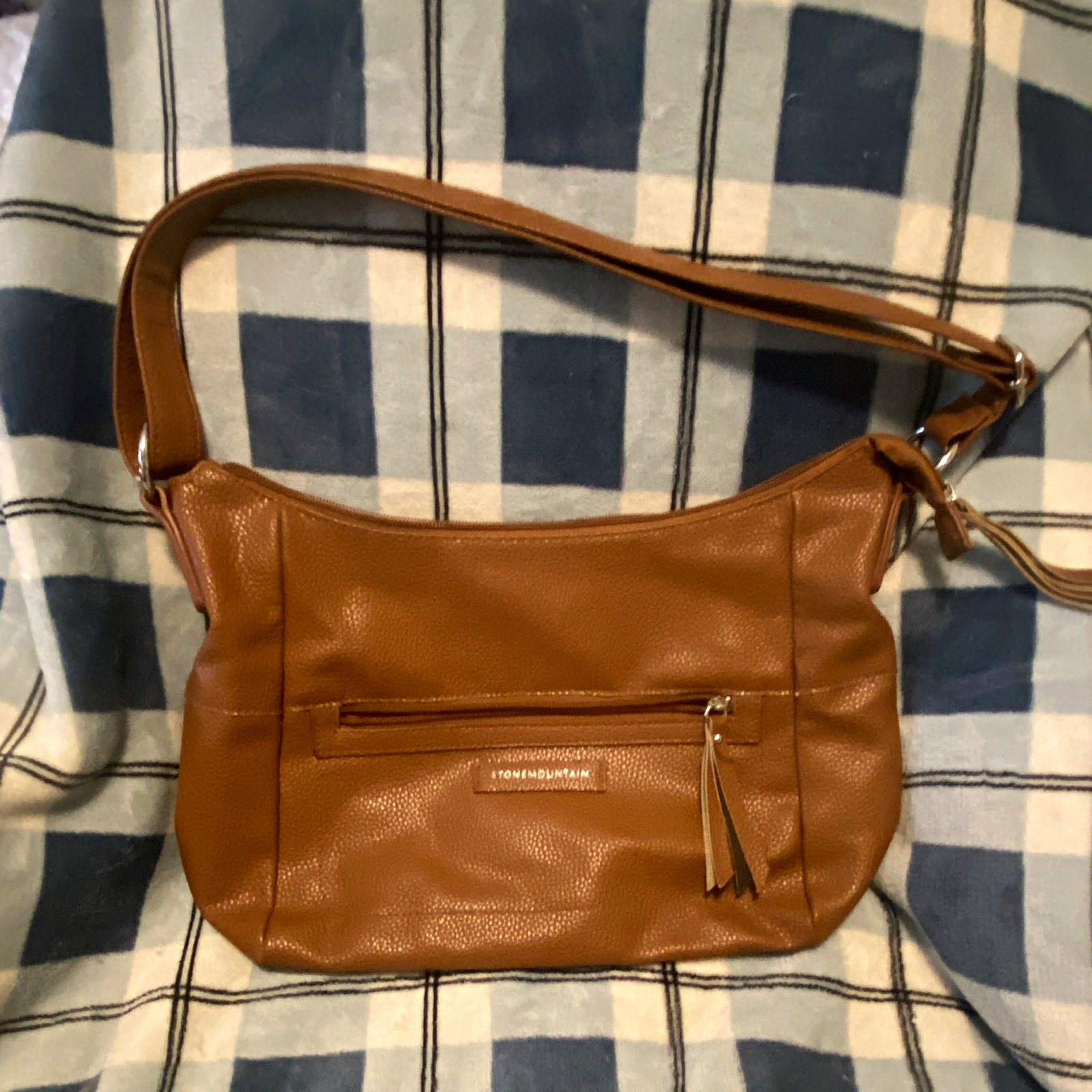 Stone Mountain Brown Genuine Leather Pebbled Shoulder Zip Bag Front Zip Pocket
