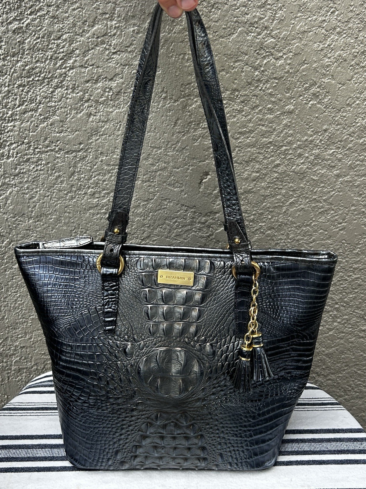 Brahmin Medium Asher Melbourne Leather Tote Bag Blue Silver Metallic NICE!!! 🥰