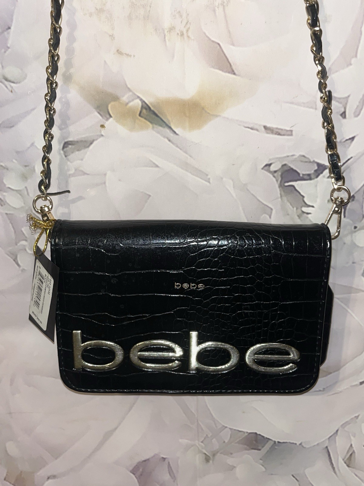 Bebe Fabiola Stamped Crocodile Crossbody Mini Handbag Black Gold MSRP $69