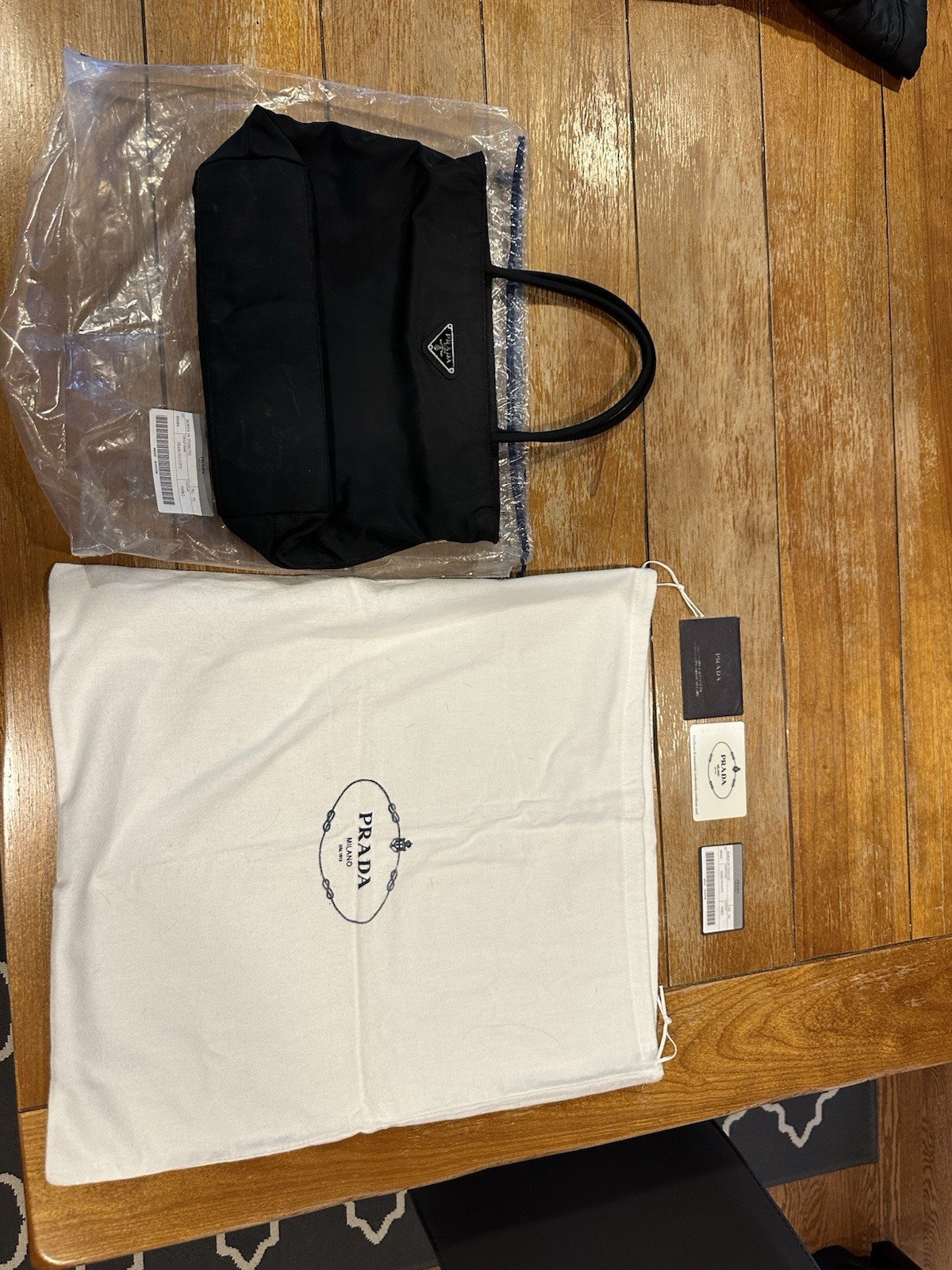 PRADA Black Tote Bag with Logo Accent, Original Dust Bag, Brand Card