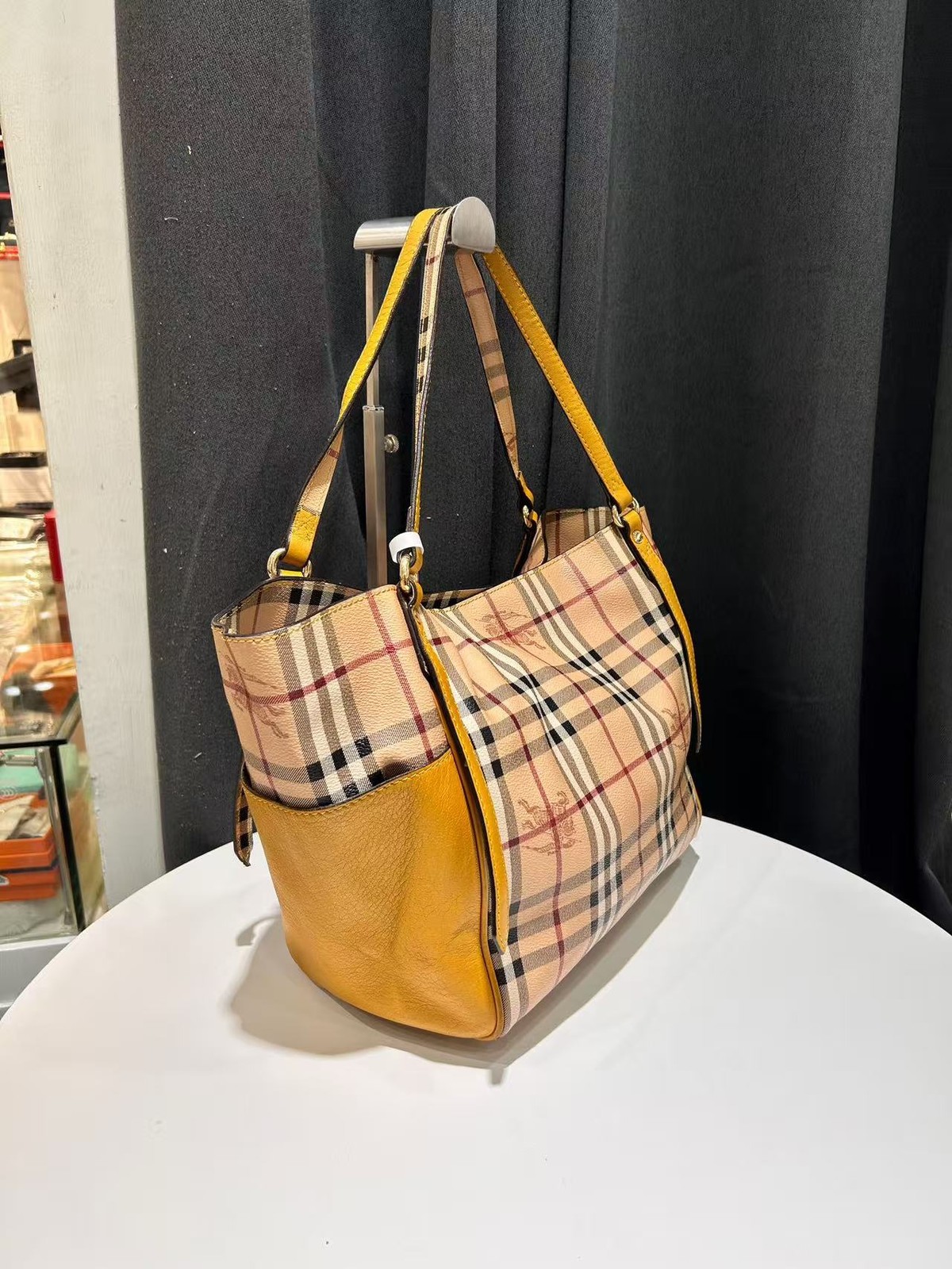Authentic Burberry Nova Check Canvas Leather Yellow Tote Bag England