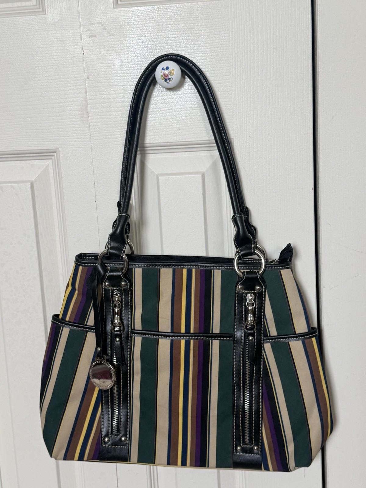 Franco Sarto Striped Colorful Shoulder Bag Double Handles Zip Bag Charm