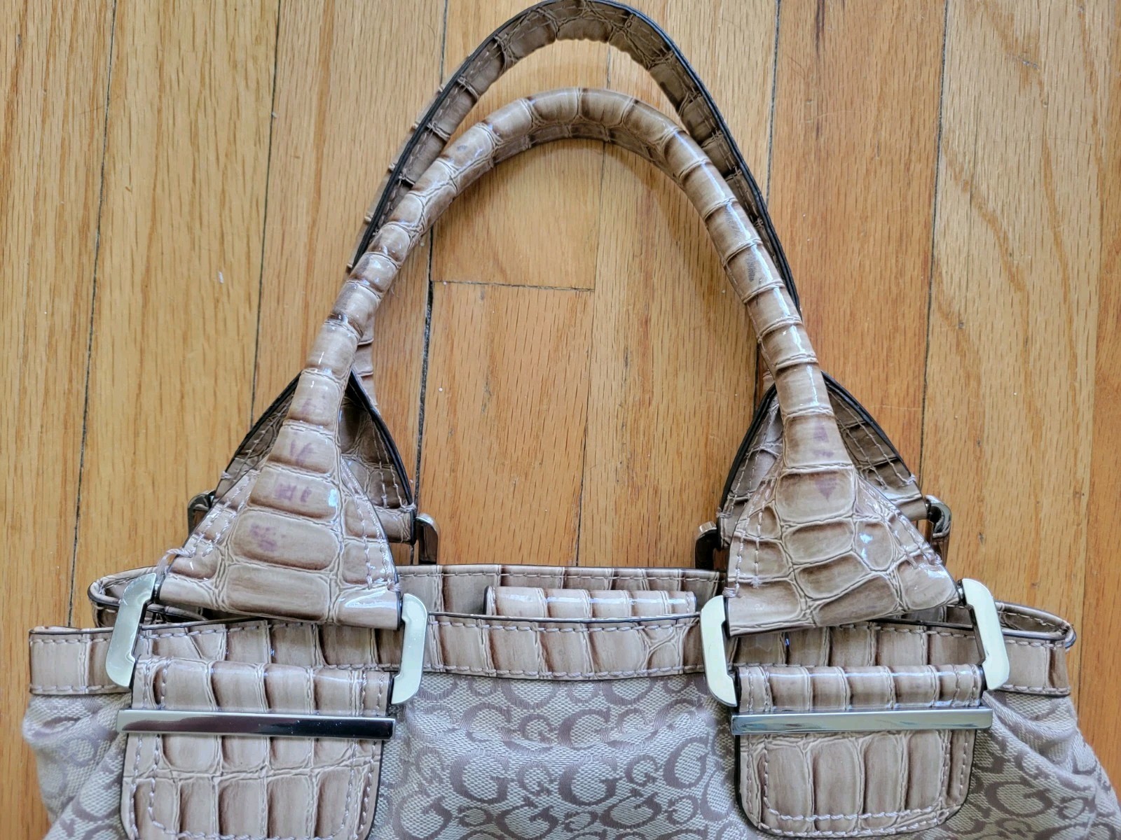 Guess Purse Faux Croc G Logo Beige Tan Rhinestones Y2K Retro FLAW* SEE PIC READ