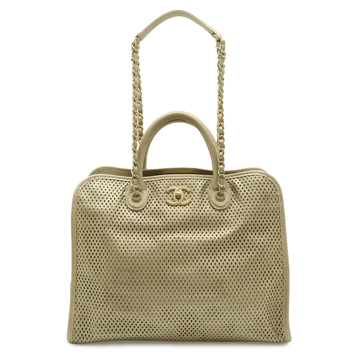Chanel French Riviera A67654 Tote Check Leather ChampagneGold Unisex Bag #BLB795