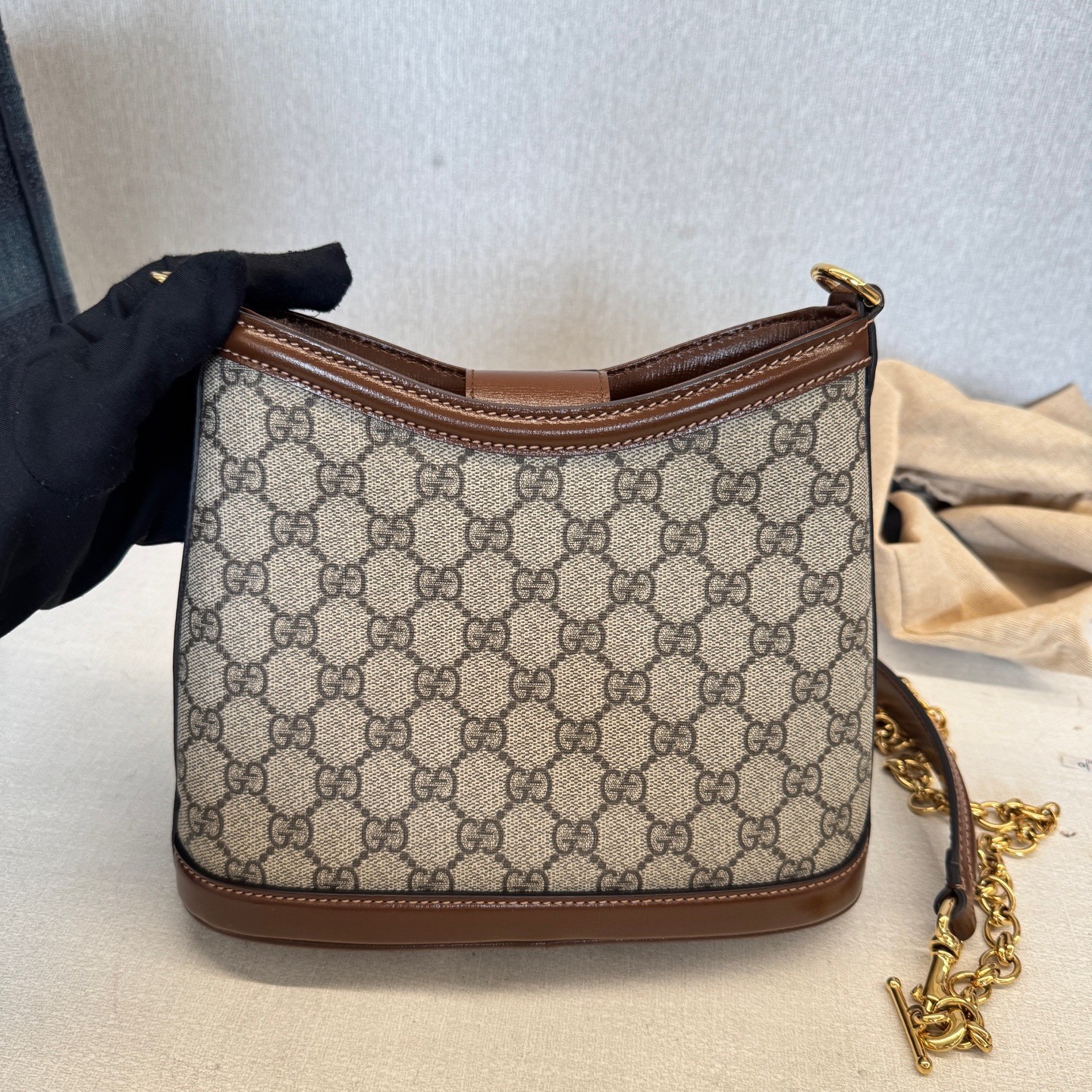 Gucci Interlocking G Normal Size Beige Brown Canvas Calfskin 3Way Bag US Ship