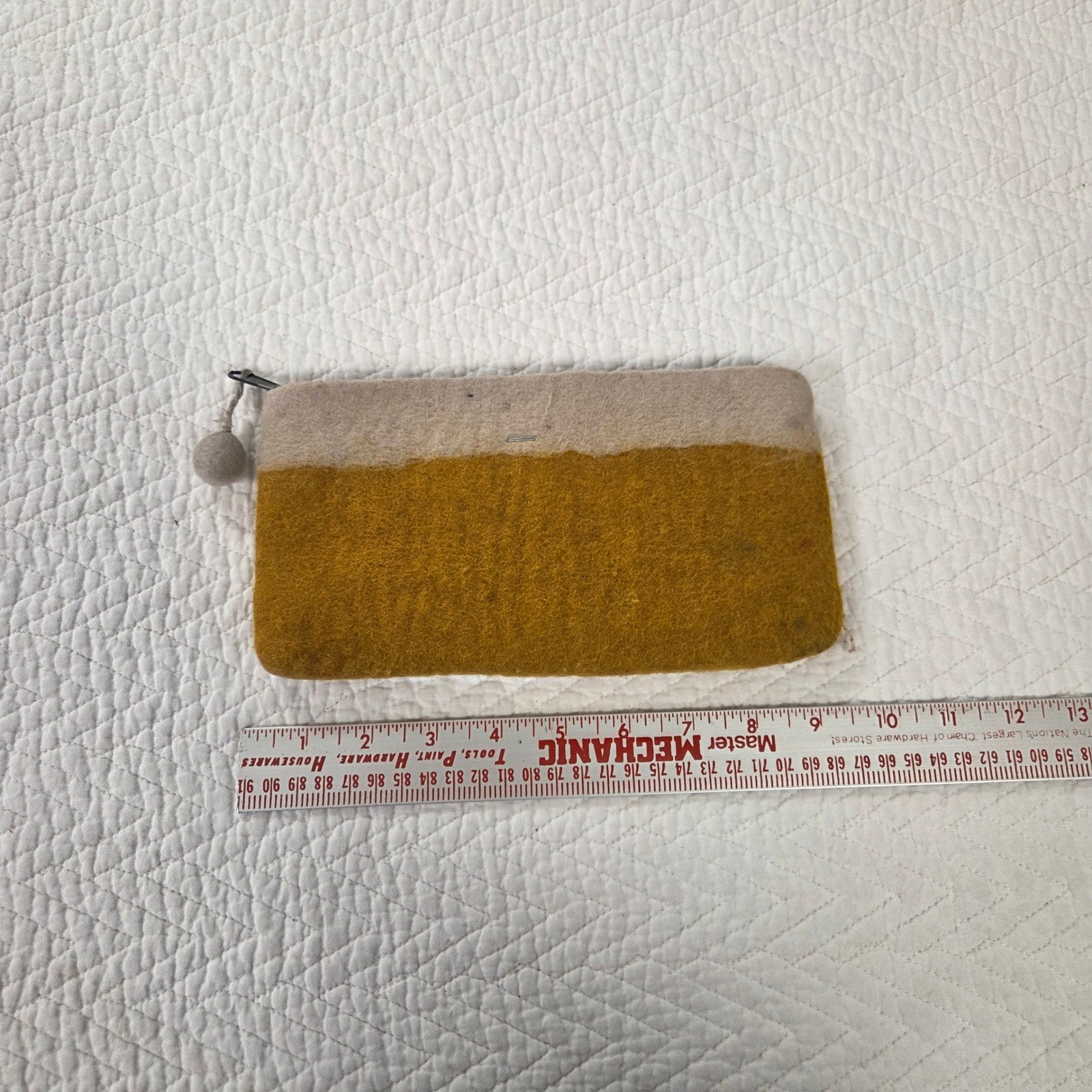 Mustard Yellow and Taupe Gray Felted Wool Colorblock Zipper Pouch Pom Pom Pull