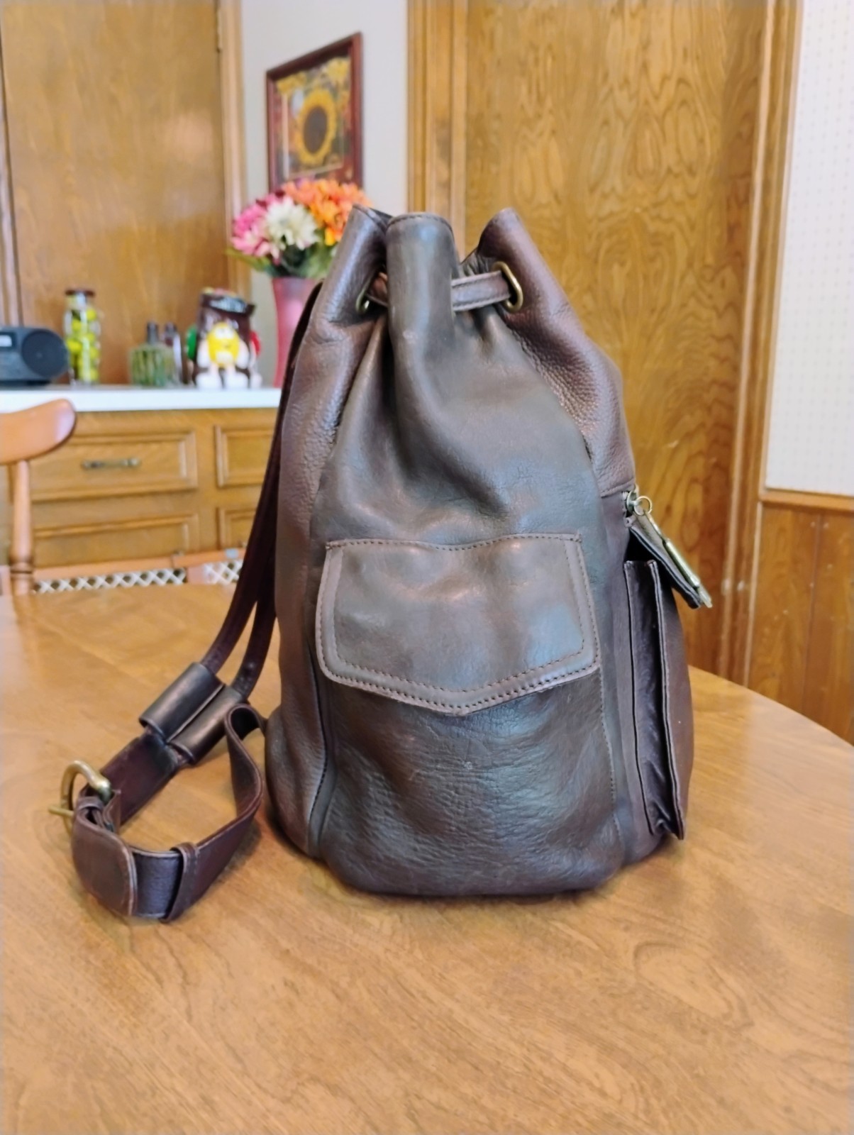 Fossil Dark Brown Pebble Grain Leather Drawstring Flap Bucket Backpack / Purse