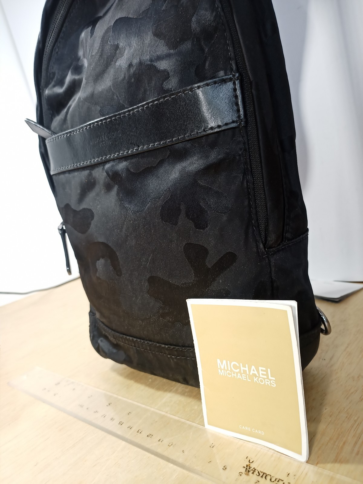 Michael Kors Camo Medium Black Backpack Jaquard Canvas Silver Hardware