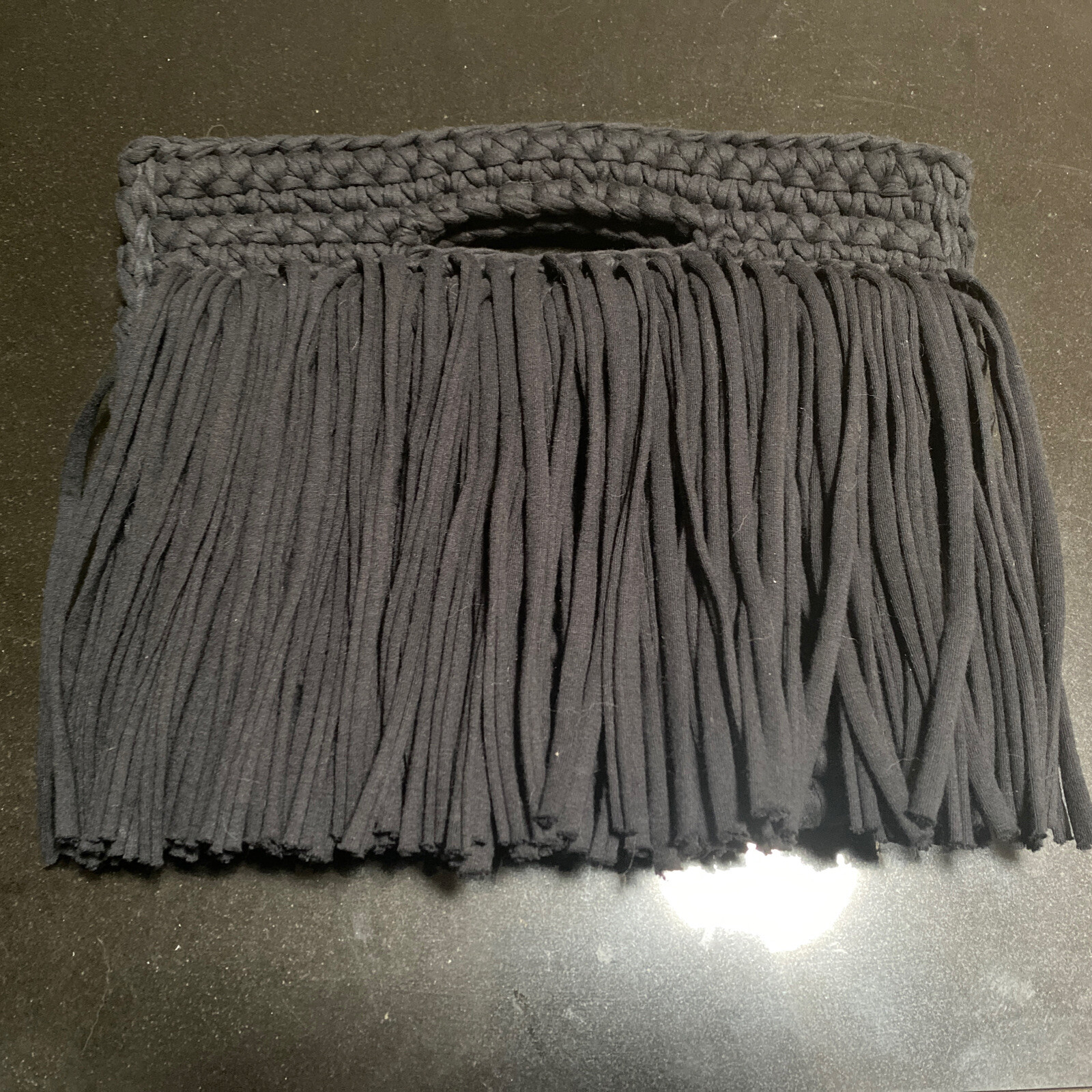 Binge Brand Fringe Yarn Knotted Knit Black Clutch Bag 10″ x 12″