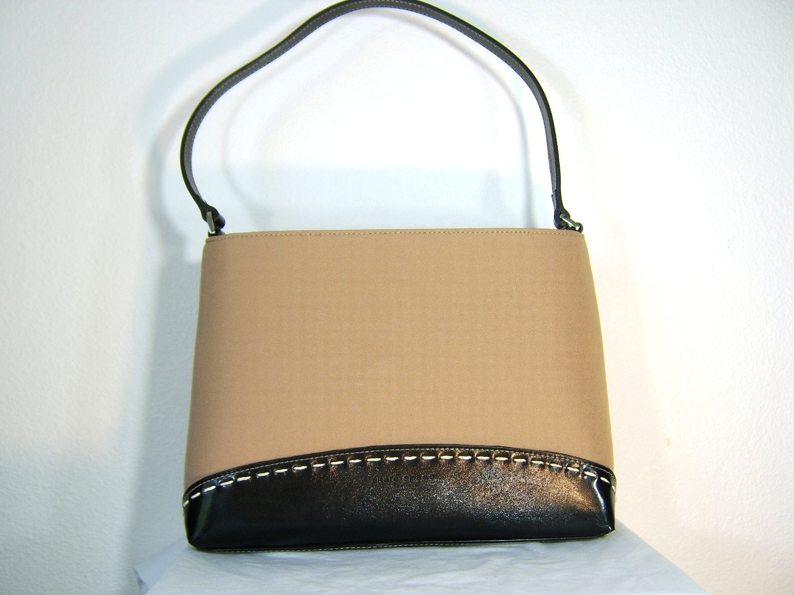 Kate Spade Brown Leather Tan Beige Textile Satchel Bag Purse Silver Zipper Strap