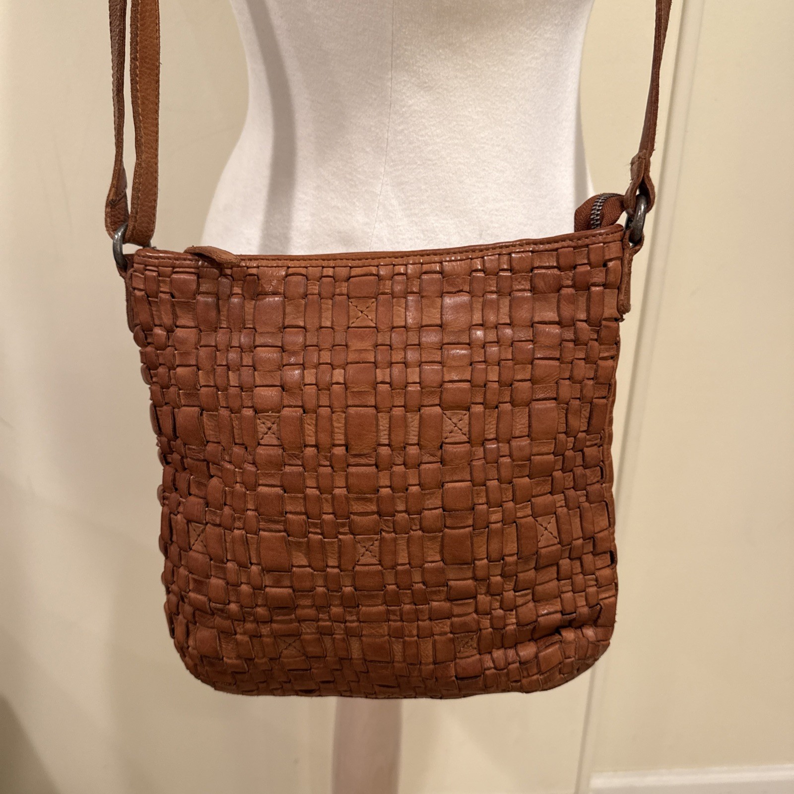 Vilenca Holland Anthropologie Leather Woven Zip Top Crossbody Shoulder Bag