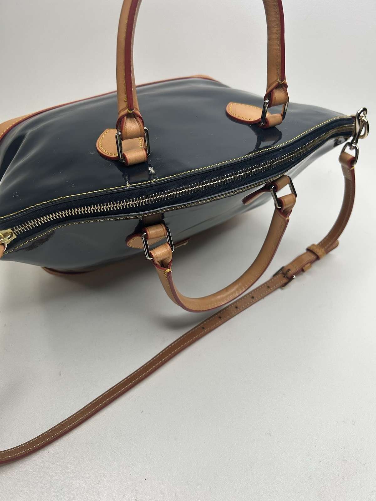 DOONEY & BOURKE Large Dark Navy Patent Leather Satchel Bag Tan Trim & Strap
