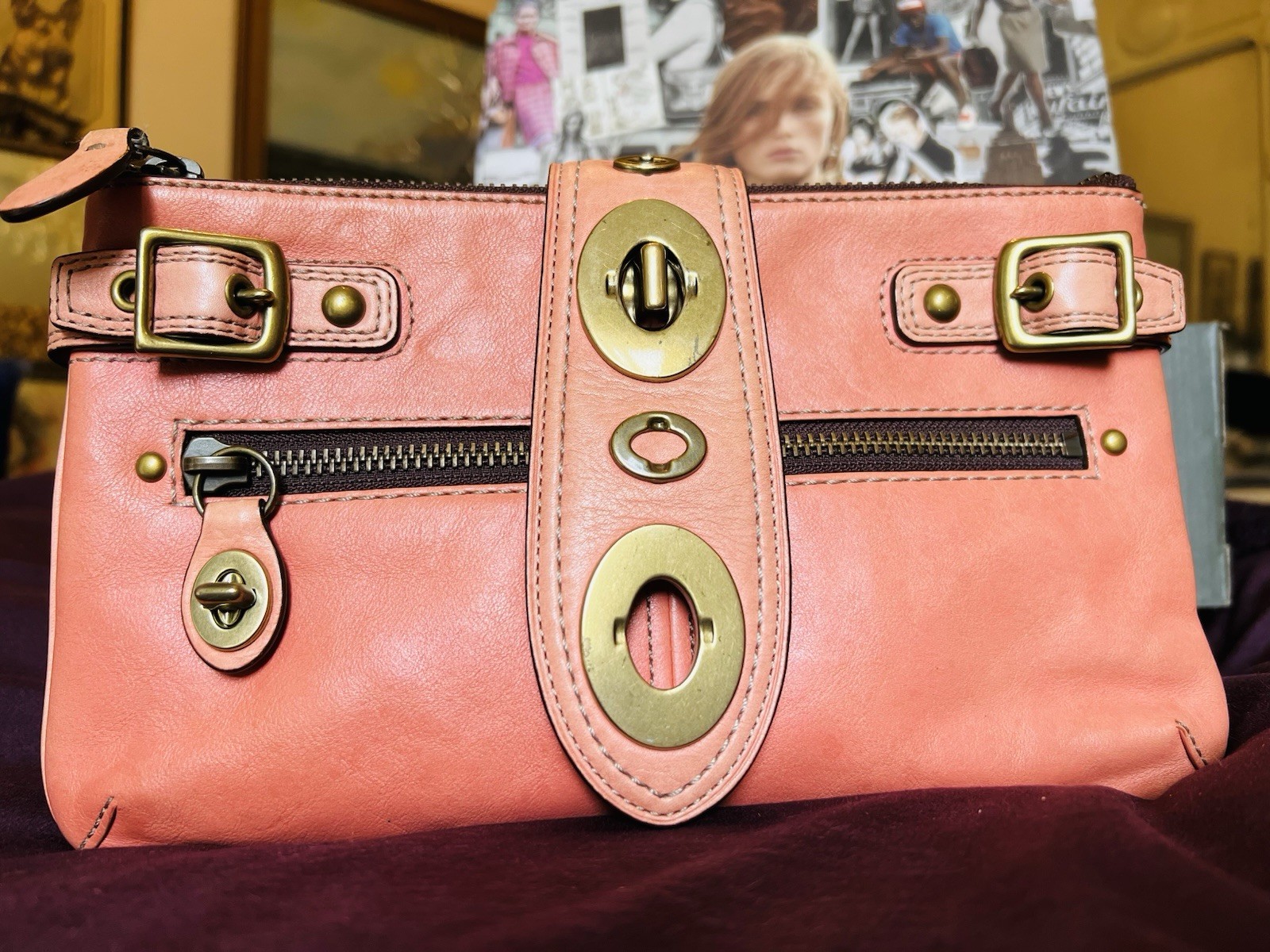 Coach Bridget Pink Medium Shoulder Bag Turn Lock & Zip, Adjustable Strap, Gold