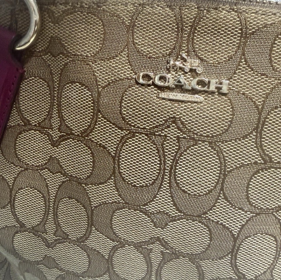 Coach Kelsey Signature Monogram C Canvas Khaki & Fuchsia Leather Trim Bag