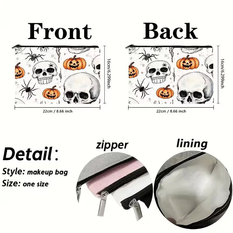 Halloween Gothic Skull & Pumpkin w Spider Makeup Bag Double-Sided 6.3″h x 8.7″w