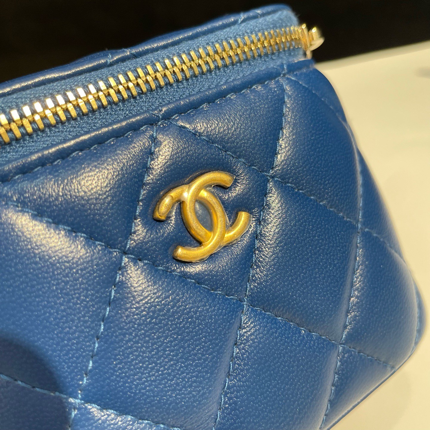 Chanel Vanity Case Quilted Leather Blue Mini Crossbody Bag Gold Ball Chain